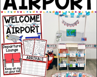 May include: Printable set of play props for an airport themed dramatic play area. The set includes signs, a welcome sign, a departure lounge sign, an arrivals sign, a gate sign, a plane path maze, and a variety of other signs. The signs are colorful and feature a variety of images and text.
