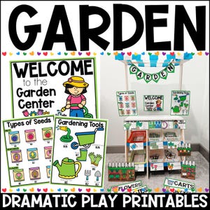 Può includere: Un colorato set di giochi drammatici a tema giardino. Il set include cartelli con la scritta "Giardino", "Benvenuti al Garden Center" e "Tipi di semi". Ci sono anche attrezzi da giardinaggio giocattolo e un piccolo stand in legno.
