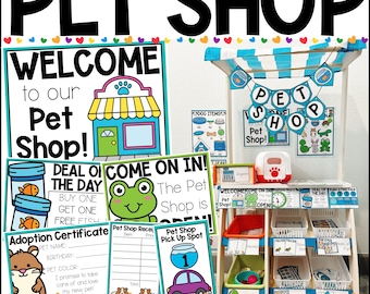 Peut inclure: Ensemble d'affiches et de formulaires de jeu de rôle de magasin d'animaux pour enfants. L'ensemble comprend une affiche de bienvenue, une affiche de promotion du jour, une affiche de bienvenue, un certificat d'adoption, un reçu de magasin d'animaux et une affiche de lieu de ramassage du magasin d'animaux. Les affiches sont colorées et présentent des animaux de dessin animé.