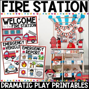 Puede incluir: Un colorido juego dramático con temática de estación de bomberos. Incluye letreros que dicen "Bienvenido a la estación de bomberos", "Vehículo de emergencia" y "Informe de emergencia". Hay un puesto de juego con una boca de incendios, un extintor y un casco de bombero. El texto "DRAMATIC PLAY PRINTABLES" está en la parte inferior.