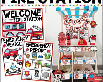 Könnte beinhalten: Ein farbenfrohes Set für ein dramatisches Spiel mit dem Thema Feuerwehr. Enthält Schilder mit der Aufschrift "Willkommen bei der Feuerwache", "Notfallfahrzeug" und "Notfallbericht". Es gibt einen Spielstand mit einem Hydranten, einem Feuerlöscher und einem Feuerwehrhelm. Der Text "DRAMATIC PLAY PRINTABLES" steht unten.
