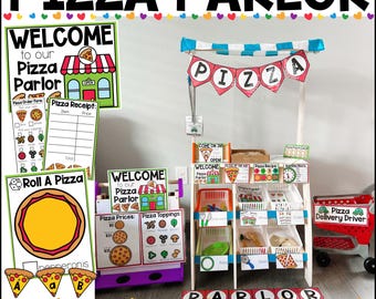 May include: A printable set for pretend play, featuring a pizza parlor theme. The set includes signs, order forms, and a pizza receipt. The signs say "Welcome to our Pizza Parlor", "Pizza Prices", "Pizza Toppings", "Come on in", "Welcome Pizza Parlor", and "Pizza Delivery Driver".