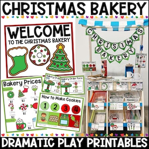 May include: A Christmas Bakery dramatic play set with signs, price lists, and cookie-themed decorations. Includes a play stand with shelves, a banner, and various play food items. The text on the signs reads "Welcome to the Christmas Bakery".