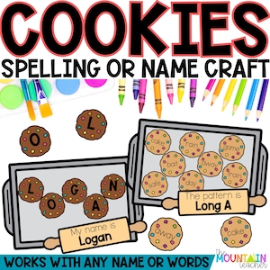 May include: A printable craft activity for kids to learn spelling or practice their name. The craft uses a cookie theme with images of cookies with letters on them. The text on the image says "Cookies Spelling or Name Craft" and "The pattern is Long A".