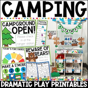 Może przedstawiać: Zestaw do druku rekwizytów do zabawy w obozowisko dla dzieci. Zestaw zawiera tabliczki z napisem "Campground is Open!" i "Beware of Bears!" oraz zestaw do zabawy w sklep z wyposażeniem kempingowym z tabliczką z napisem "A Camping Store".