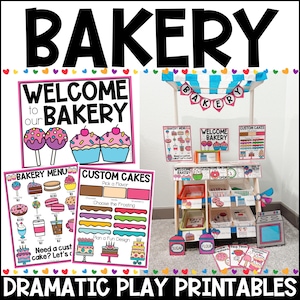 Puede incluir: Una imagen colorida con un juego de simulación con temática de panadería con letreros que dicen "Bienvenido a nuestra panadería", "Menú de panadería" y "Pasteles personalizados". El conjunto incluye un expositor, ilustraciones de productos horneados y el texto "Imprimibles de juego dramático".