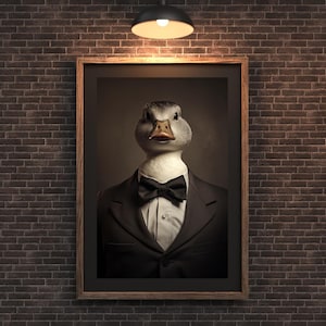 Whimsical Duck Portrait in Suit | Duck in Tuxedo Wall Art | Quirky Animal Print for Bathroom or Office Decor