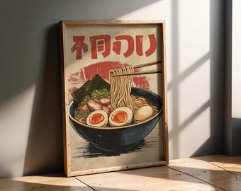 May include: A framed wall art print featuring a bowl of ramen with noodles being lifted by chopsticks, topped with soft-boiled eggs, meat, and seaweed. The background includes a red sun graphic and Japanese text in red, all set in a light wood frame.