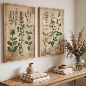 Set of 2 Herb Botanical Prints | Vintage Natural History Kitchen Art | Rustic Herb Wall Decor | Botanical Herb Illustration | Kitchen Poster
