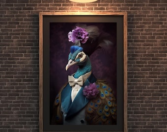May include: A framed wall art print featuring a peacock dressed in a formal blue tuxedo jacket with a white shirt and bow tie. The peacock has a purple flower on its head and another on its chest, set against a dark, textured purple background.