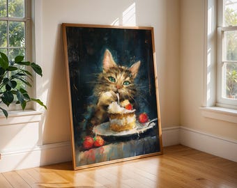 May include: A framed painting depicts a tabby cat with green eyes eating cake. The artwork has a dark background and a gold frame. Strawberries are on the plate and table. The painting is leaning against a wall near a window.