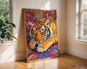 Lámina artística de tigre durmiente / Decoración bohemia para el hogar