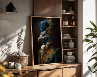 May include: A framed portrait print featuring an anthropomorphic peacock dressed in a dark green military-style jacket with gold embroidery and a white cravat. The peacock has a blue head, a crest of feathers, and a dark, moody background.