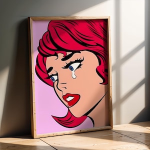 Crying Woman Pop Art Print | Retro Comic Style Wall Art with Pink Hair & Bold Colours | Vintage Lichtenstein Inspired Home Decor