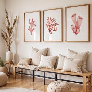 Set of 3 Pink Coral Wall Art Prints · Soft Watercolor Ocean Illustrations · Beachy Summer Bathroom Decor for Coastal Interiors | Beach