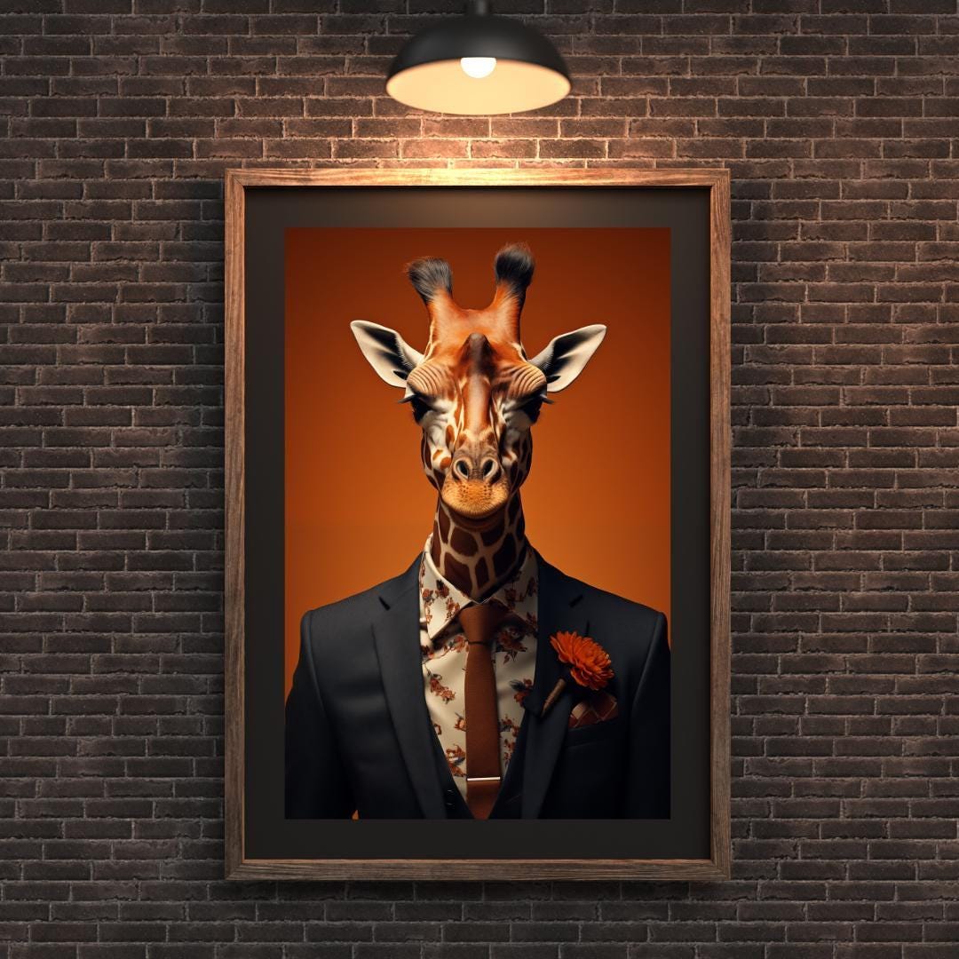 Giraffe in Suit Wall Art – Floral Shirt & Orange Tie, Modern