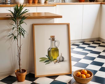 Olive Oil & Garlic Print • Rustic Italian Kitchen Wall Art