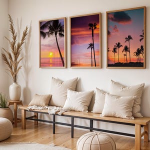 Tropical Sunset Palm Tree Wall Art Set of 3 – Vibrant Beach Sunset Coastal Print Trio for Summer Decor & Vacation Style | Seaside Decor