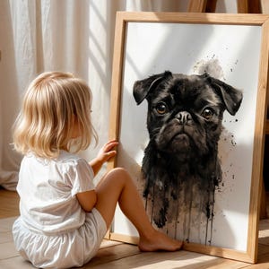 Black Pug Watercolour Dog Print | Moody Dog Portrait Wall Art, Modern Black Pug Painting, Cute Grumpy Dog Gift for Pug Owners and Pet Lovers