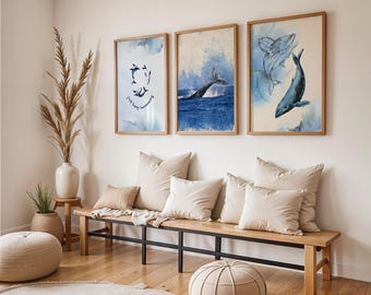 Láminas de arte de ballenas / Juego de tres acuarelas del océano