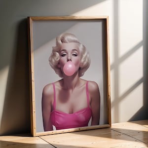 Marilyn Monroe Pop Art Portrait with Bubblegum in Pink | Retro Glam Graffiti Style Wall Print | Bold Urban Street Art for Home or Bar Decor