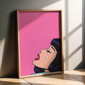 Pop Art Crying Woman | Pink Wall Art | Vintage Comic Book Style | Retro Tears Print | Sad Girl Minimalist Aesthetic | Boho Home | Office