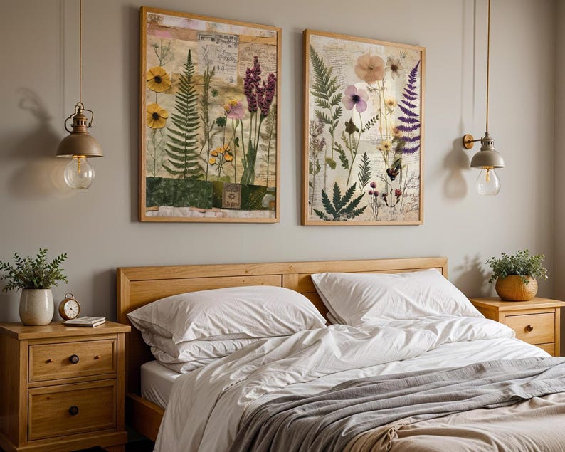 Two framed botanical prints displayed on the wall above a wooden bed with white linens.