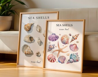 Impressão artística de conchas marinhas | Arte de parede costeira em aquarela colorida