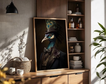 May include: A framed vertical wall art print featuring a portrait of a peacock dressed in a formal dark suit, a vest, and a bow tie. The peacock wears a top hat adorned with its own iridescent blue and green tail feathers and a dark flower lapel pin.