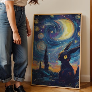 Van Gogh-inspirierter Nachtara Druck mit wirbelndem Himmel | Elegante Pokémon Sternennacht Wandkunst | Dark Type Decor für Fans & Sammler