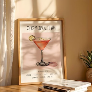 Cosmopolitan Art Print | Bar Cart Decor Cocktail Poster | Party Signature Drink Sign | Trendy Wall | Minimalist Elegant Sophisticated Retro