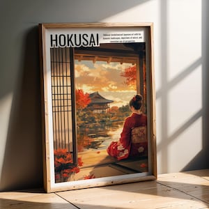 Japanische Wandkunst - Geisha im Kimono Druck - Ruhige Teehaus Szene - Herbst Landschaft Poster - Serene Seeblick Wohnkultur
