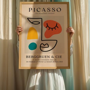 Abstract Female Face Art in Picasso Style | Red Eye & Yellow Lips Line Drawing | Bold Minimalist French Poster Wall Art | Office Kitchen