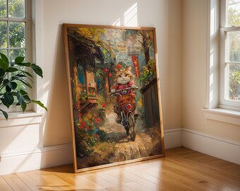 May include: A framed painting depicts a cat riding a bicycle through a village scene. The cat wears a red shirt and a crown, with a basket on the bike. The artwork has a warm color palette with a golden frame.