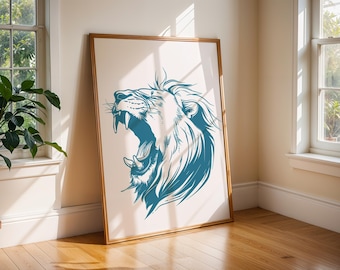Intense Blue Lion Roaring Print, Modern Safari Wall Art