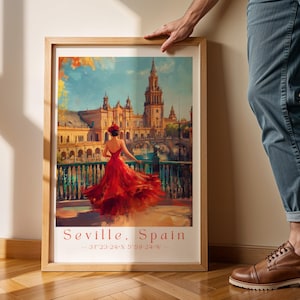 Andalusien Spanien Wandkunst | Tänzerin Poster | Placa de España Reiseplakat | Spanische Architektur Dekor | Romantisches Europäisches Kunstwerk