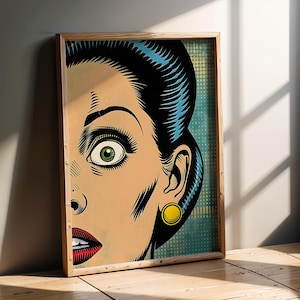 Retro Pop Art Woman Wall Print | Bold Vintage Comic Style Portrait with Dramatic Expression | Mid-Century Modern Home Decor Poster