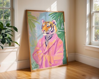 Impresión artística de tigre con túnica rosa / Póster de animal de la selva caprichoso