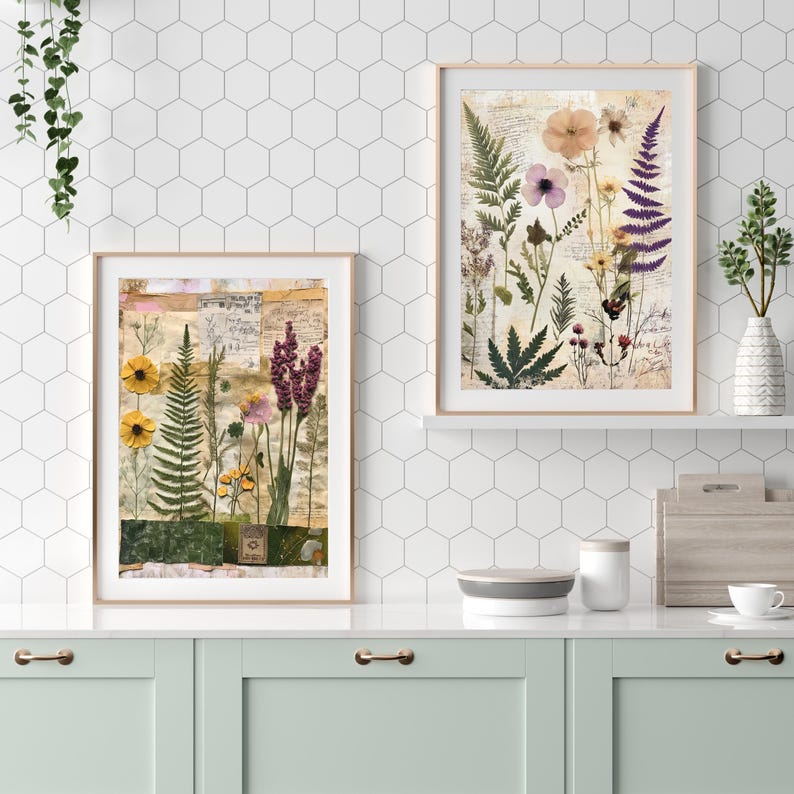 Two framed botanical prints hanging on a white hexagonal tile wall above a light green counter.