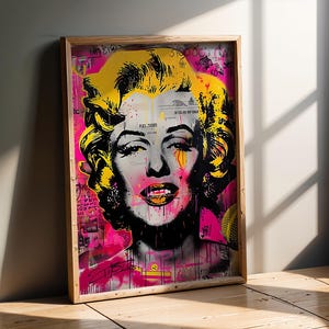 Arte de grafiti de Marilyn Monroe / Retrato pop de arte callejero rosa y amarillo / Decoración de pared grunge urbana / Póster de celebridad de Hollywood / Dormitorio