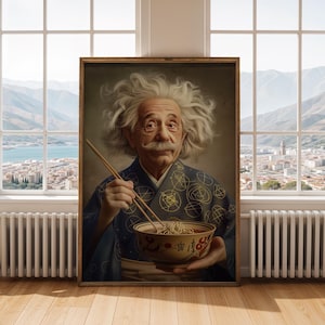 Albert Einstein Ramen Art Print | Funny Gift for Science Lovers, Nerdy Kimono Wall Decor, Quirky Professor Noodle Poster for Office
