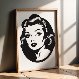 Arte mural vintage con glamour de Hollywood / Impresión retro de chica pin-up en blanco y negro / Retrato clásico de mediados de siglo para una decoración elegante del hogar