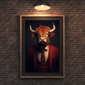 Regal Highland Cow Wall Art in Brown Suit | Animal Portrait Print | Farmhouse Rustic Decor for Living Room or Office