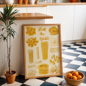 Pasta Shapes Art Print for Kitchen Wall · Illustrated Guide Featuring Classic Italian Pasta Types · Fresh Herb Poster · Chef’s Artwork