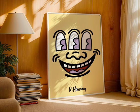 Keith Haring Smile Print – Bold Three-eyed Face Pop Art – Retro
