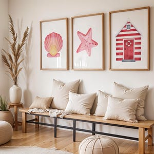 Coastal Wall Art Set of 3 Prints | Pink Shell, Starfish & Red Beach Hut | Nautical Summer Decor for Beach House or Coastal Interiors