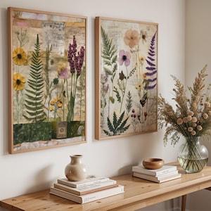 Juego de 2 impresiones botánicas de flores prensadas / Collage vintage de flores silvestres para decoración de estilo rústico y natural, pósteres para sala de estar y cocina.