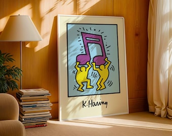 Keith Haring Music-Inspired Art Print – Dancing Figures with Giant Note – 80s Pop Art Poster – Colourful Retro Wall Decor | Retro Vibe