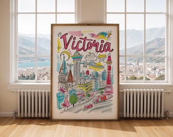 May include: A framed art print featuring a colorful, hand-drawn style illustration of a city skyline with the word Victoria written in large pink script at the top. The artwork includes various buildings, a bridge, a car, and a person walking.