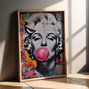 Marilyn Monroe Graffiti Art | Pink Bubble Gum Pop Art | Urban Street Art Poster | Vintage Hollywood Icon Wall Decor | Office | Bedroom Print